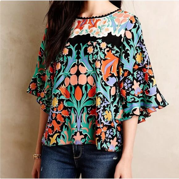 Anthropologie MAEVE Silk Folkart Blouse 4 Kimono Sleeve Floral Mixed Print Boho - Picture 4 of 11